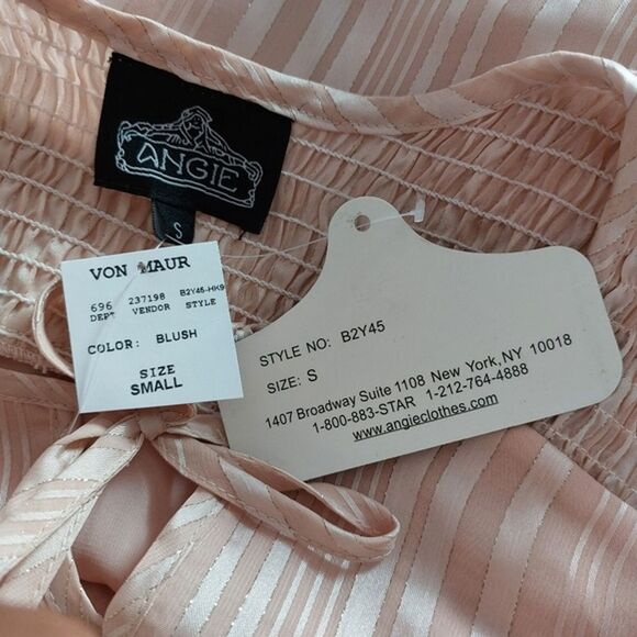 Angie Retro Pink Satin Metallic Bell Sleeves Smocked Cropped Top Size S NWT - Picture 10 of 12